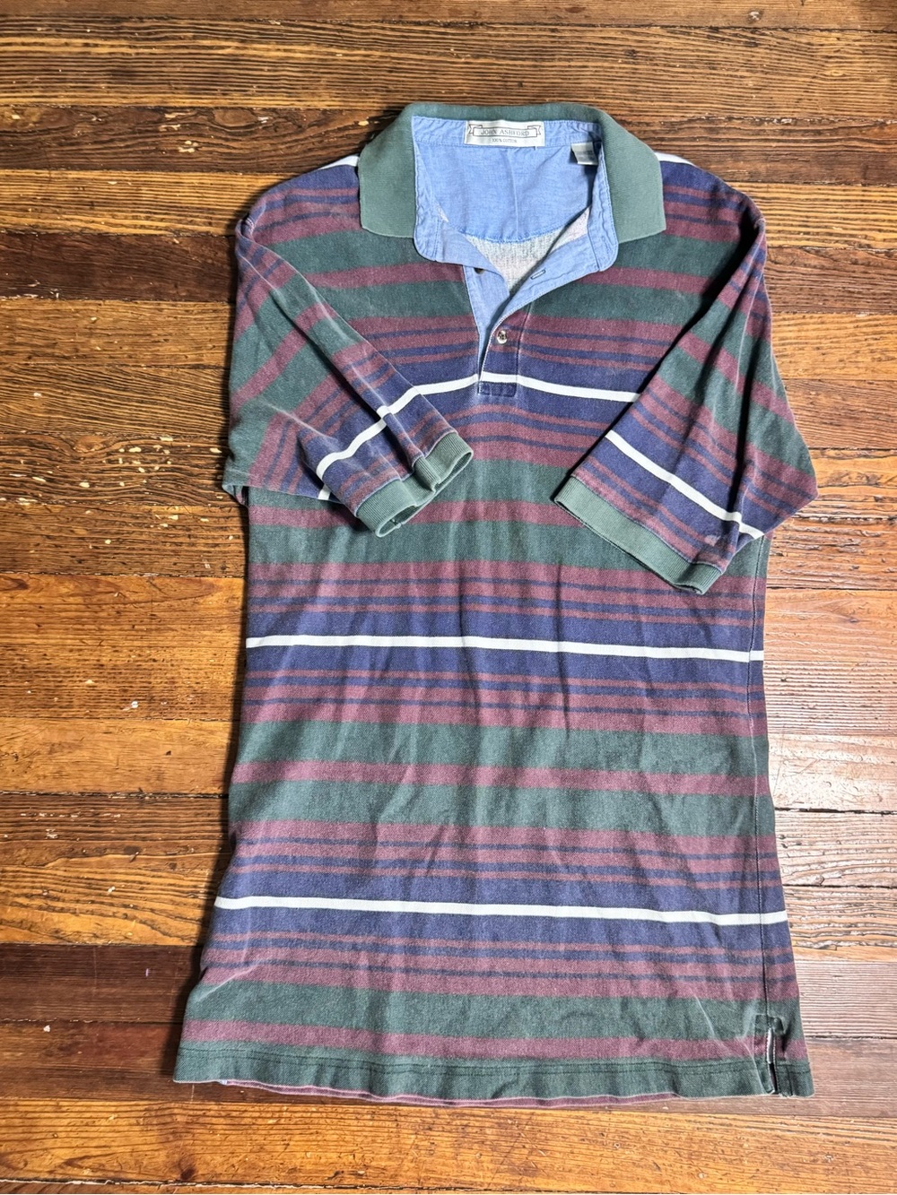 Vintage John Ashford Polo Rugby Shirt Mens Size L Green Red Striped Short Sleeve